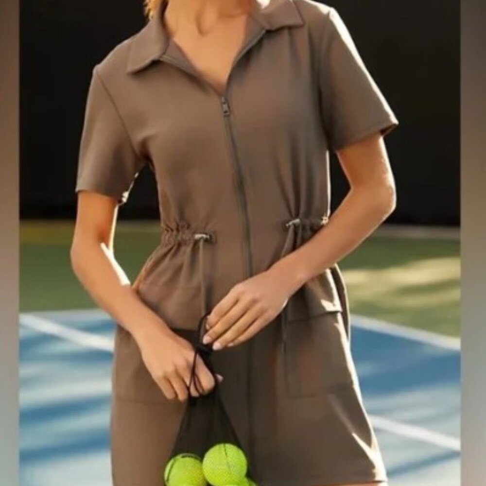 Beyond Yoga City Chic Front-Zip Mini Dress in Dune Sz M - Picture 3 of 5